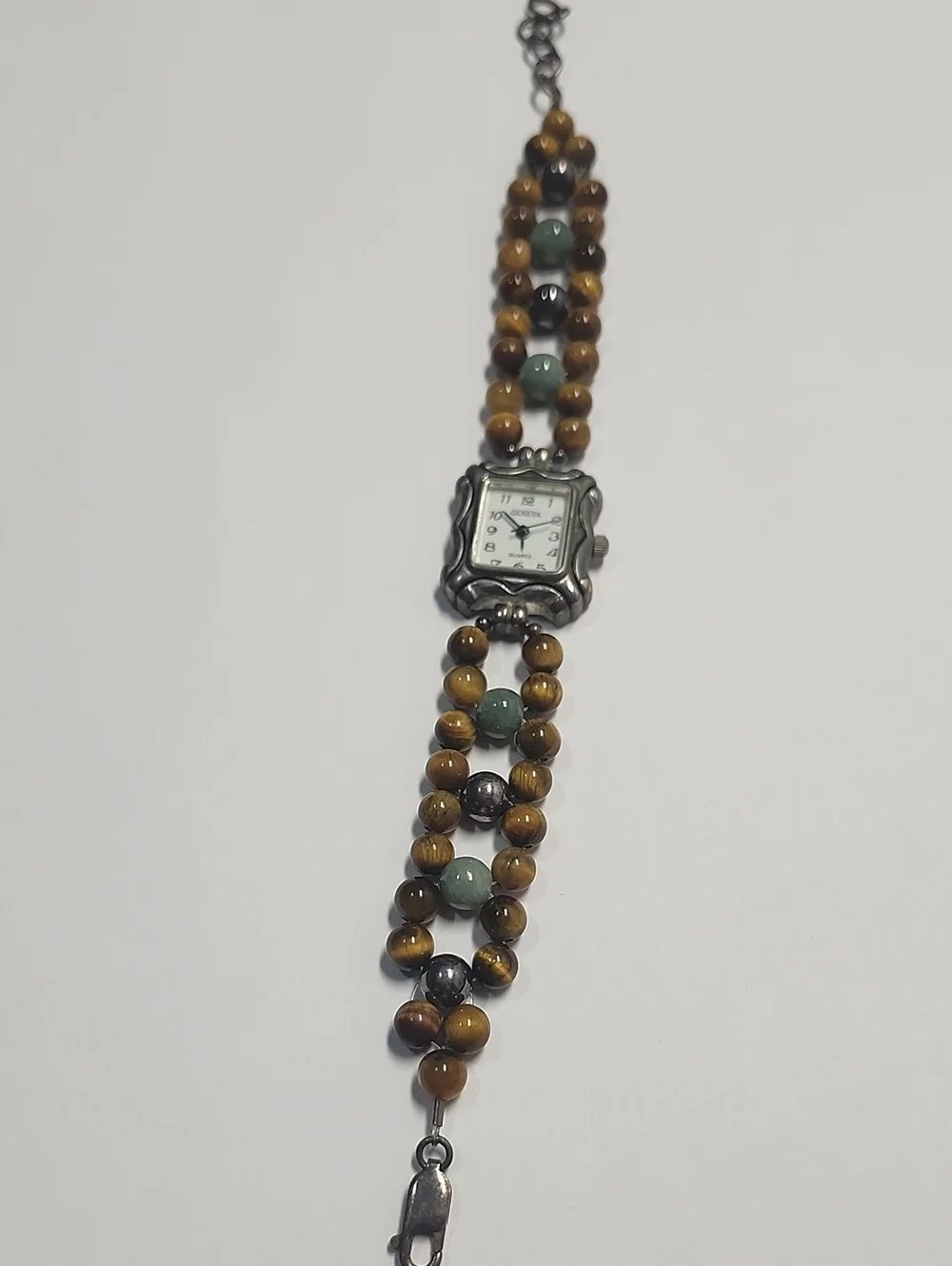 Geneva Beaded Tiger Eye And Jade Bracelet Watch W/ Sterling Silver Accents